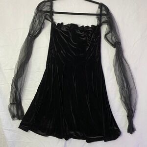 Velvet Mesh Sleeve Mini Dress Women XL Black Goth Skater